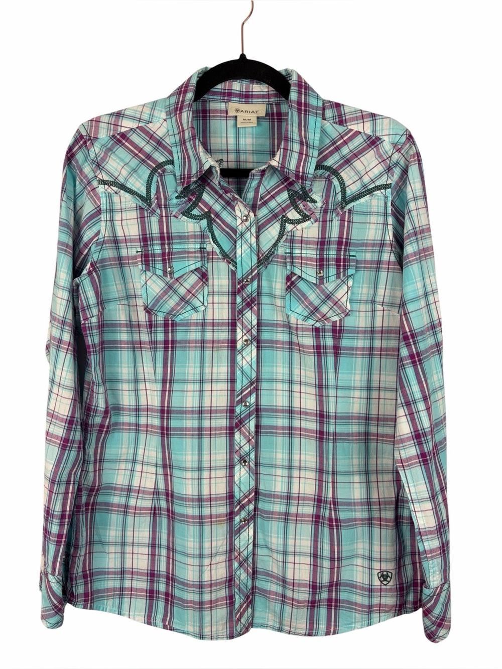 Ariat Western Plaid Snap Shirt Women’s Medium Turquoise Purple Embroidered Rodeo